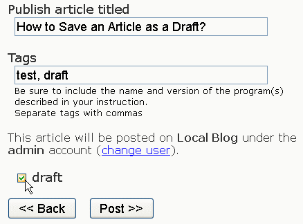 Screen shot: saving article as a draft